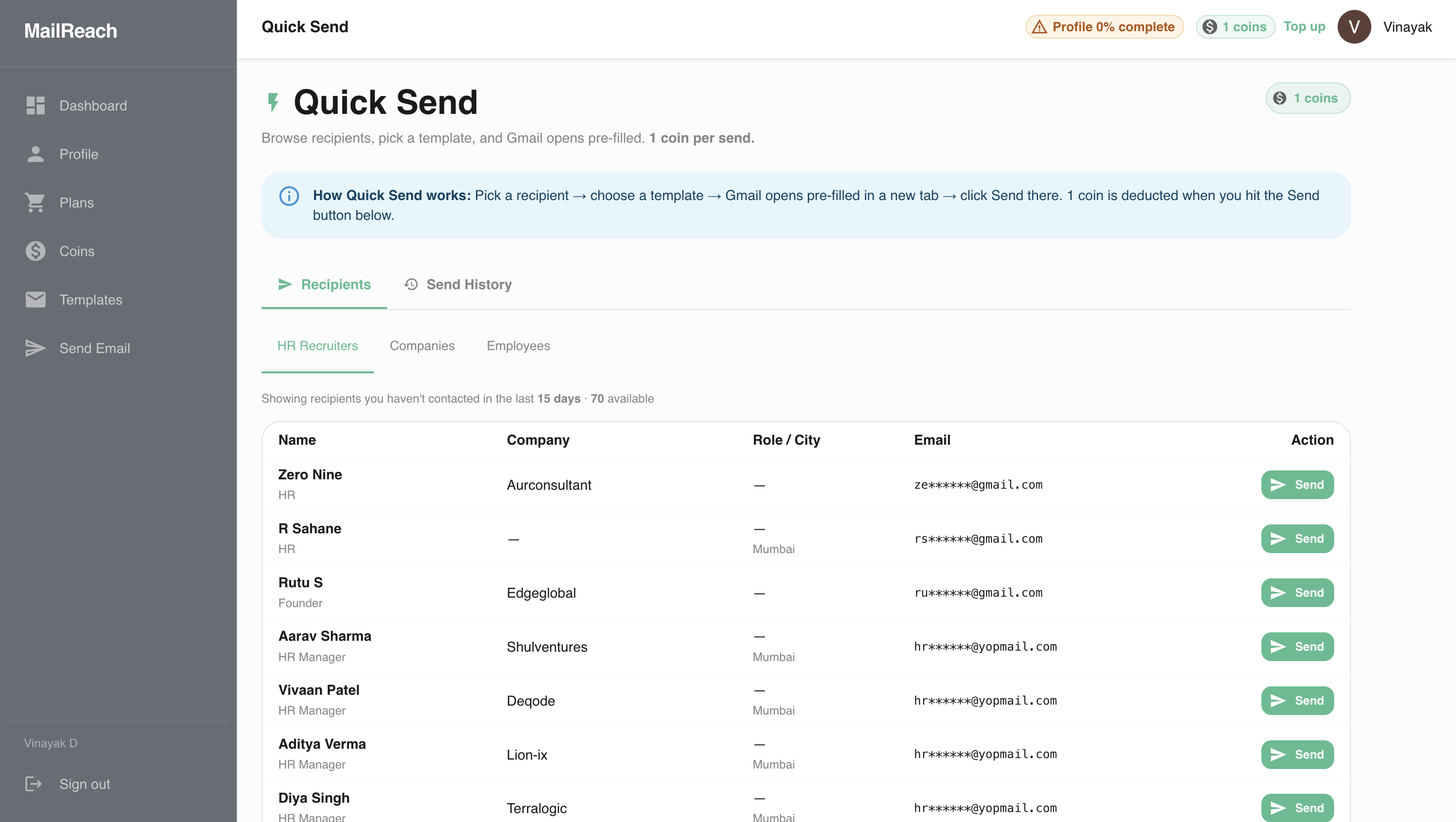 Mailtohire Quick Send — browse verified HR contacts and send personalised emails in one click