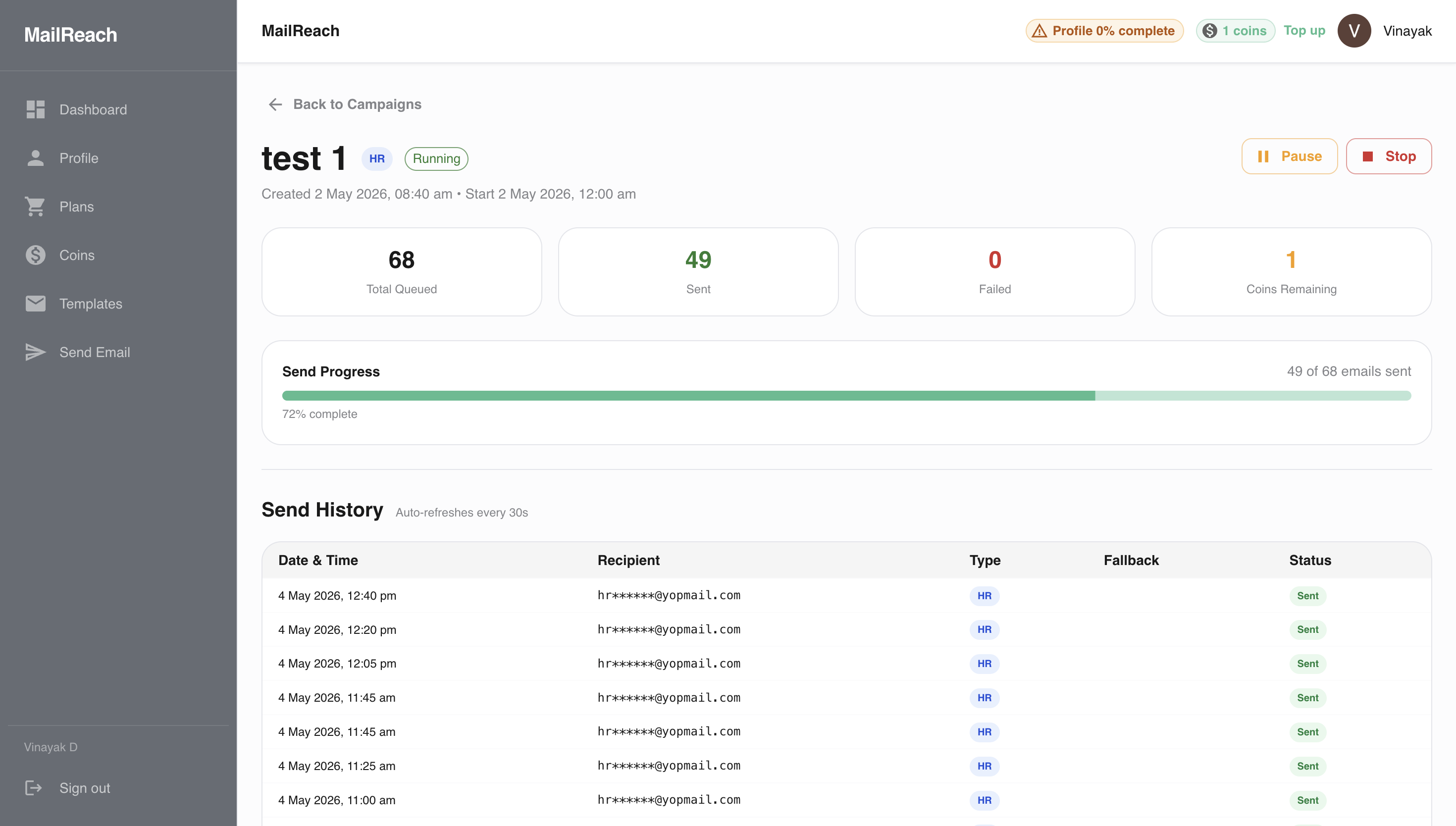Smart Campaign feature — automated daily HR outreach